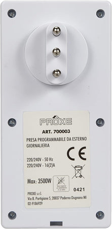 Programmatore Giornaliero Da Esterno Presa Temporizzata Con Spina E Presa 16A Timer A Disco Ip Per Carichi Fino A 3500W Proxe