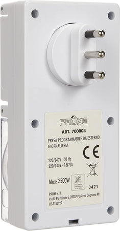 Programmatore Giornaliero Da Esterno Presa Temporizzata Con Spina E Presa 16A Timer A Disco Ip Per Carichi Fino A 3500W Proxe