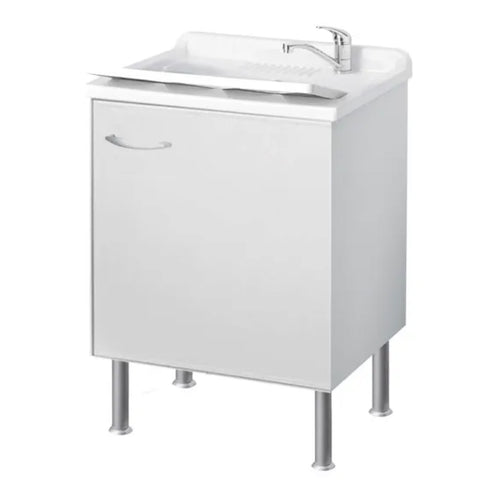 Mobile Lavatoio In Bilaminato Bianco Ad 1 Anta Con Vasca - L= 45 Cm P= 60 Cm H= 85 Cm Un Anta