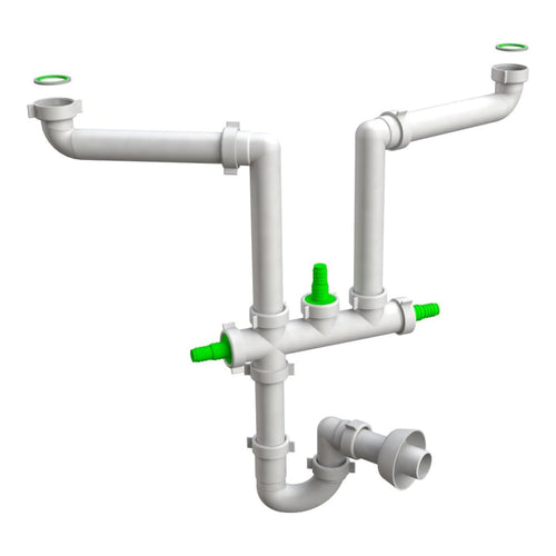 Sifone Scarico 2 Vie Senza Piletta Per Lavello In Acciaio Inox Con Tre Attacchi Modello Salvaspazio - 11/2 - Ø40 Mm - Bon