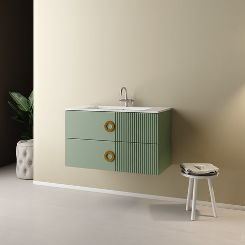 Mobile Bagno Sospeso Senza Specchio Modello Sole 90Cm - Base Sospesa -Lavabo - Verde Salvia -Specchio Escluso - Mob
