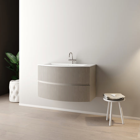 Mobile Bagno Sospeso Curvo Senza Specchio Modello Santi 90Cm - Base Sospesa -Lavabo - Cashmere -Specchio Escluso - Mob