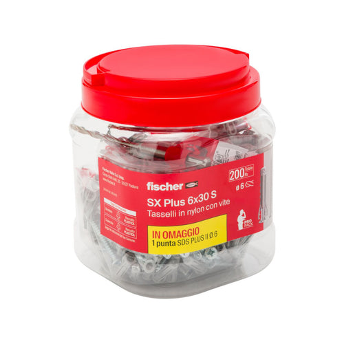 Tassello In Nylon Con Vite Truciolare Testa Svasata Piana E Punta Sds Modello Sx Plus Per Fissaggio - Ø8X40S + Punta Sds - Confezione Da 120 Pezzi - Fis