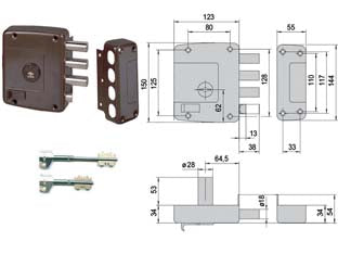 Serratura Applicare Con Catenaccio E Scrocco Doppia Mappa 57157- - Mm.64 Dx (157157601) - 1 Pezzi Cisa