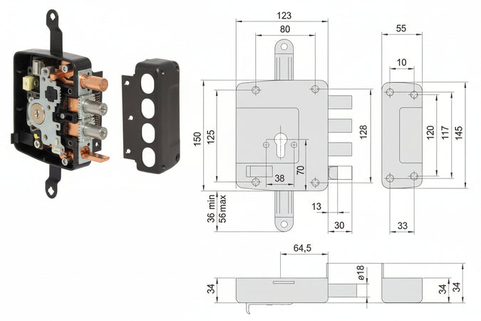 Serratura Triplice Applicare Catenaccio E Scrocco Cil. Europeo 56167- - Mm.64 Sx (156167602) - 1 Pezzi Cisa