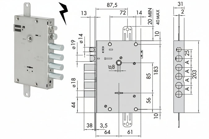 Elettroserratura Triplice Applic. Doppia Mappa Porte Blindate 17515- - Mm.64 (17515280) Conf. Ind. - 1 Pezzi Cisa
