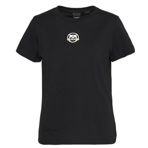 Pinko T-shirt Nera da Donna in Cotone Scollo Tondo con Logo Frontale Stampato Bianco da donna