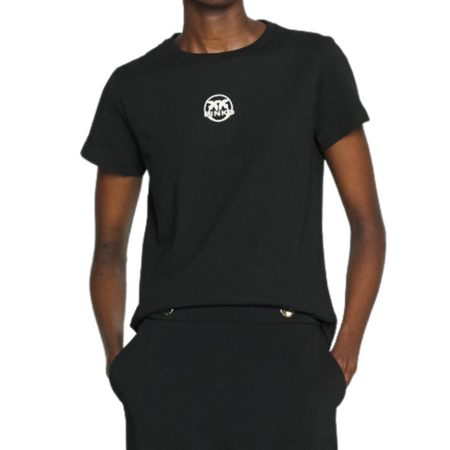 Pinko T-shirt Nera da Donna in Cotone Scollo Tondo con Logo Frontale Stampato Bianco da donna