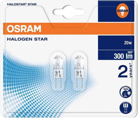 Osram Lampada Alogena Halostar 2 Pz. Bispina G4 12V-Calda 20 W-320 Lumen 10 Confezioni