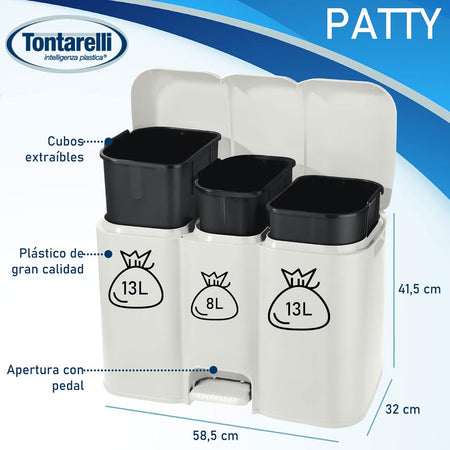 Pattumiera Differenziata Patty 3 Lt.13+8+13 Cm.58,5X32X41,5H. Lt.13+8+13 Panna Tontarelli