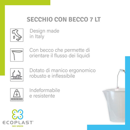 Secchio Comune Con Becco Capacità 7 Litri In Polipropilene Con Manico Rivestito Ecoplast