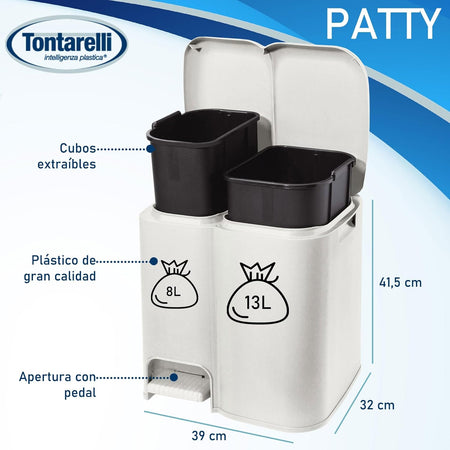 Pattumiera Differenziata Patty 2 Cm.39X32,5X41H. Lt.13+8 Bianca Tontarelli