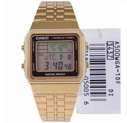 Orologio Casio unisex, A-500WGA-1D, versione gold con fusi orari, acciaio inossidabile, movimento al quarzo