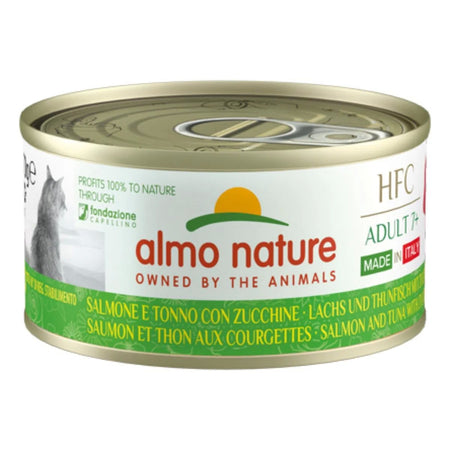 Almo Nature Scatoletta HFC Adult+7 Made in Italy gusto Salmone Tonno e Zucchine per Gatti Anziani 70gr