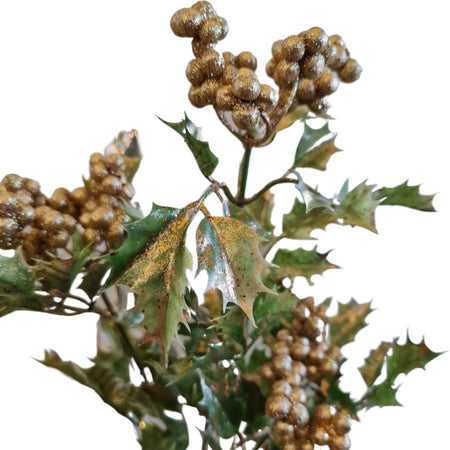 Ramo decorativo platino "Agrifoglio Bacche Oro" decorazione per albero di Natale h62 cm