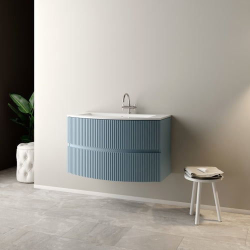 Mobile Bagno Sospeso Curvo Senza Specchio Modello Santi 90Cm - Base Sospesa -Lavabo - Azzurro Polvere -Specchio Escluso - Mob