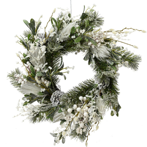 Ghirlanda tonda natalizia con pigne e bacche bianche, dietro porta da 40 cm