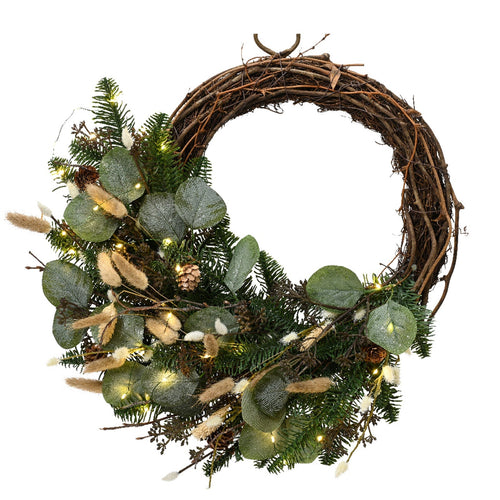 Ghirlanda tonda natalizia con pigne e bacche bianche con Micro Led, dietro porta da 40 cm