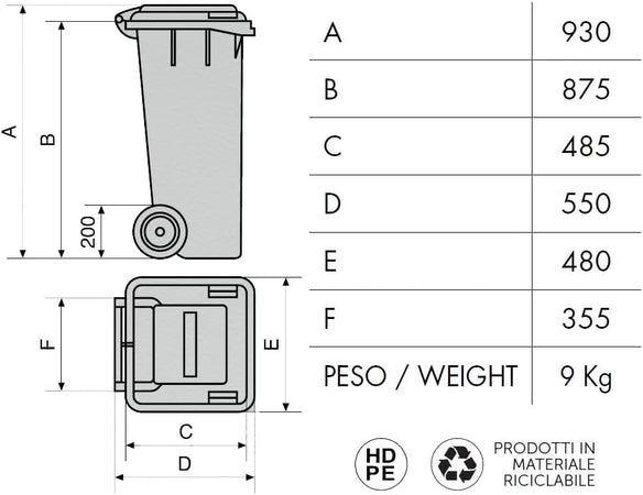 Bidone Per La Raccolta Differenziata 120 Lt Per Esterni Marrone Certificato Uni En 840 Con Coperchio E Ruote