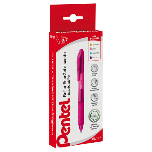 Astuccio 4 Roller A Scatto Energel X Bl107 0.7Mm Pentel
