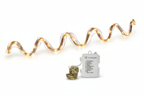 Filo Rame 100 Led Bianco Freddo A Batteria Uso Interno Con Gioco Luci- - Mt. 0,3 + Mt.9,9 - 1 Pezzi