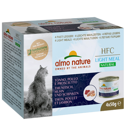 Almo Nature HFC Natural Light Meal gusto Tonno Pollo e Prosciutto per Gatti Adulti 4x50gr