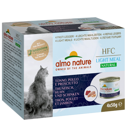 Almo Nature HFC Natural Light Meal gusto Tonno Pollo e Prosciutto per Gatti Adulti 4x50gr