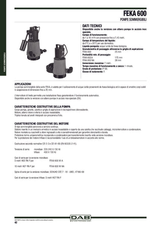 Elettropompa Acque Sporche Feka 600 Ma Dab Volt 230 Hp 0,67 Kw 0,5 Lt/M 150 H.Mt 6
