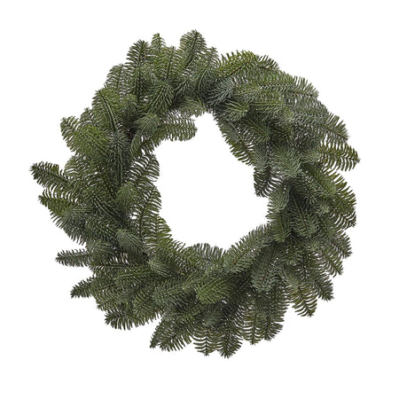Ghirlanda tonda con punte di Pino Nobilis West corona natalizia, dietro porta verde