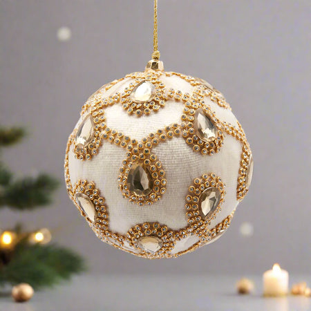 Pallina in velluto colore bianco con gemme per albero di Natale decorazioni natalizie