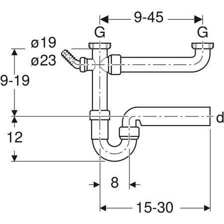 Sifone Bianco Curvo Geberit Per Due Lavelli, Con Portagomma A Gomito, Extra-Lungo, Scarico Orizzontale Ø 40 X 11/2