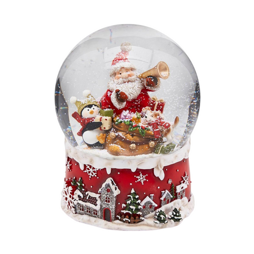 Sfera di vetro con acqua, Babbo natale con sacco e trombetta, carillon da 20 cm