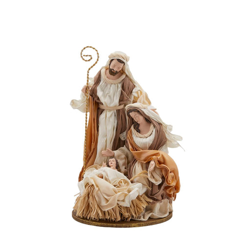 Natività monoblocco con vestiti in tessuto e paglia color Champagne, statue da 35 cm