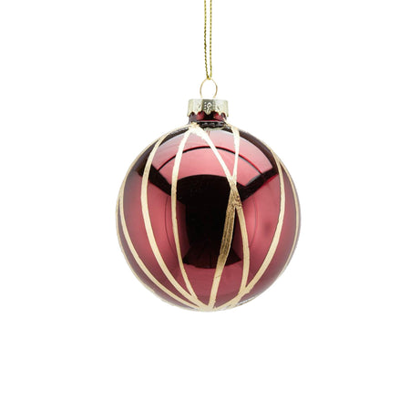 Pallina per albero di Natale in vetro a righe Bordeaux e Oro da 8 cm