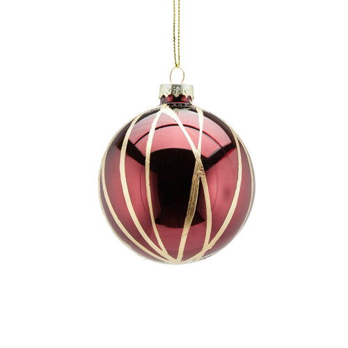 Pallina per albero di Natale in vetro a righe Bordeaux e Oro da 8 cm