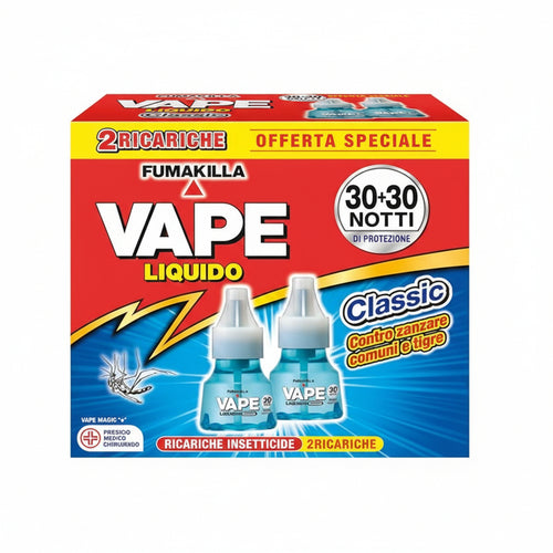 Vape, Bipacco Ricarica Liquida 30 Notti + 30 Notti,Efficace Contro Le Zanzare Comuni E Tigre, 18 Ml + 18 Ml