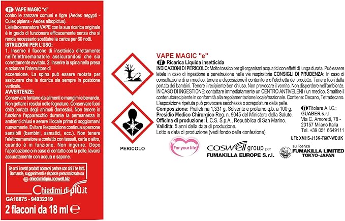 Vape, Bipacco Ricarica Liquida 30 Notti + 30 Notti,Efficace Contro Le Zanzare Comuni E Tigre, 18 Ml + 18 Ml