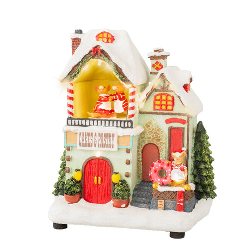 Scena animata Pasticceria per villaggio di Natale con personaggi h 21.5 cm