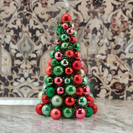 Cono a forma di Albero di Natale con palline in poliresina color rosso e verde