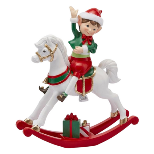 Statuetta a forma di Elfo con cavallo in poliresina, color bianco e rosso, 20 x 6 x h 23 cm