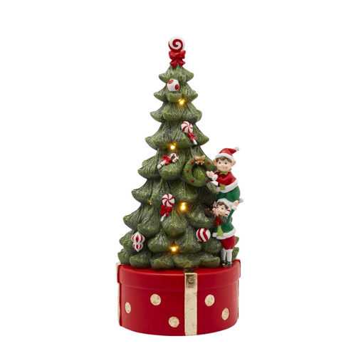 Pino di Natale con elfi, carillon con led luminosi in poliresina h 37 cm