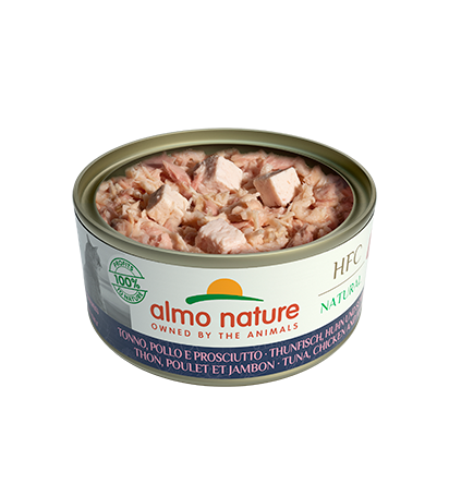 Almo Nature Scatoletta HFC Natural gusto Tonno Pollo e Prosciutto per Gatti Adulti