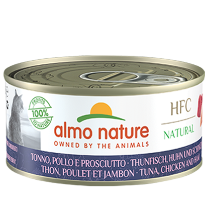 Almo Nature Scatoletta HFC Natural gusto Tonno Pollo e Prosciutto per Gatti Adulti