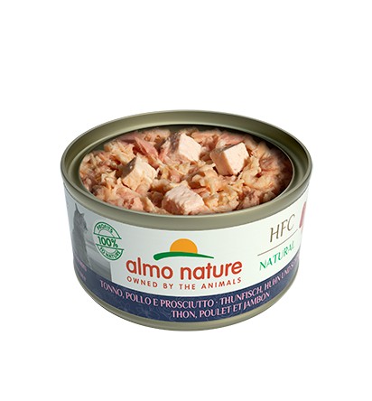Almo Nature Scatoletta HFC Natural gusto Tonno Pollo e Prosciutto per Gatti Adulti