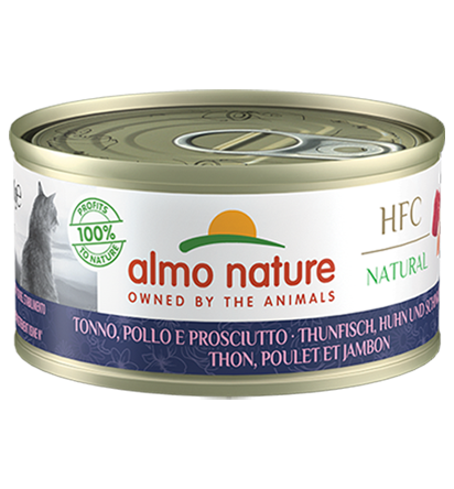 Almo Nature Scatoletta HFC Natural gusto Tonno Pollo e Prosciutto per Gatti Adulti