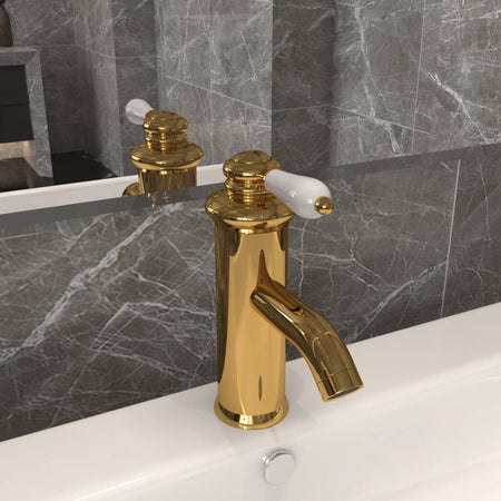 Rubinetto per Lavabo del Bagno Colore Oro 130x180 mm Pomello Bianco