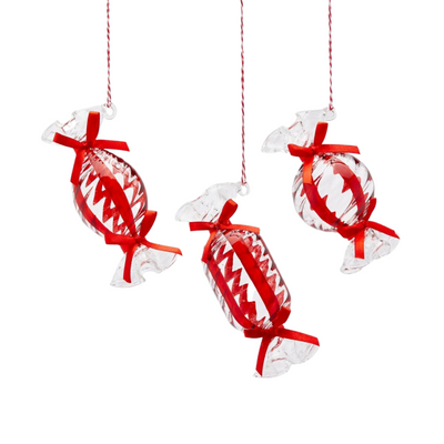 Pendagli per albero di Natale in vetro, caramelle rosse, confezione 3 pezzi, 11.5 cm