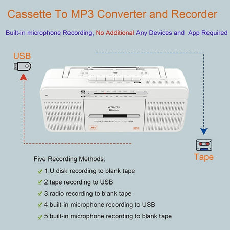 Lettore di cassette retrò WTB-795 con radio stereo USB/Bluetooth/AM/FM MP3