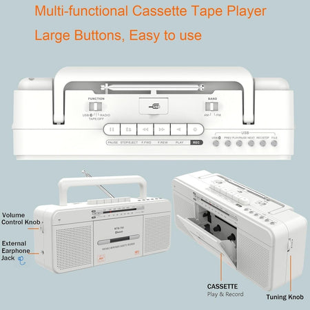 Lettore di cassette retrò WTB-795 con radio stereo USB/Bluetooth/AM/FM MP3