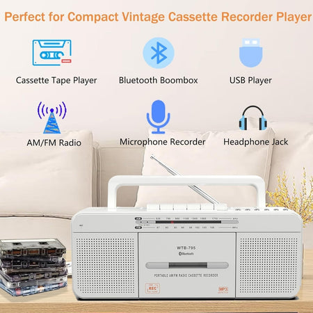 Lettore di cassette retrò WTB-795 con radio stereo USB/Bluetooth/AM/FM MP3